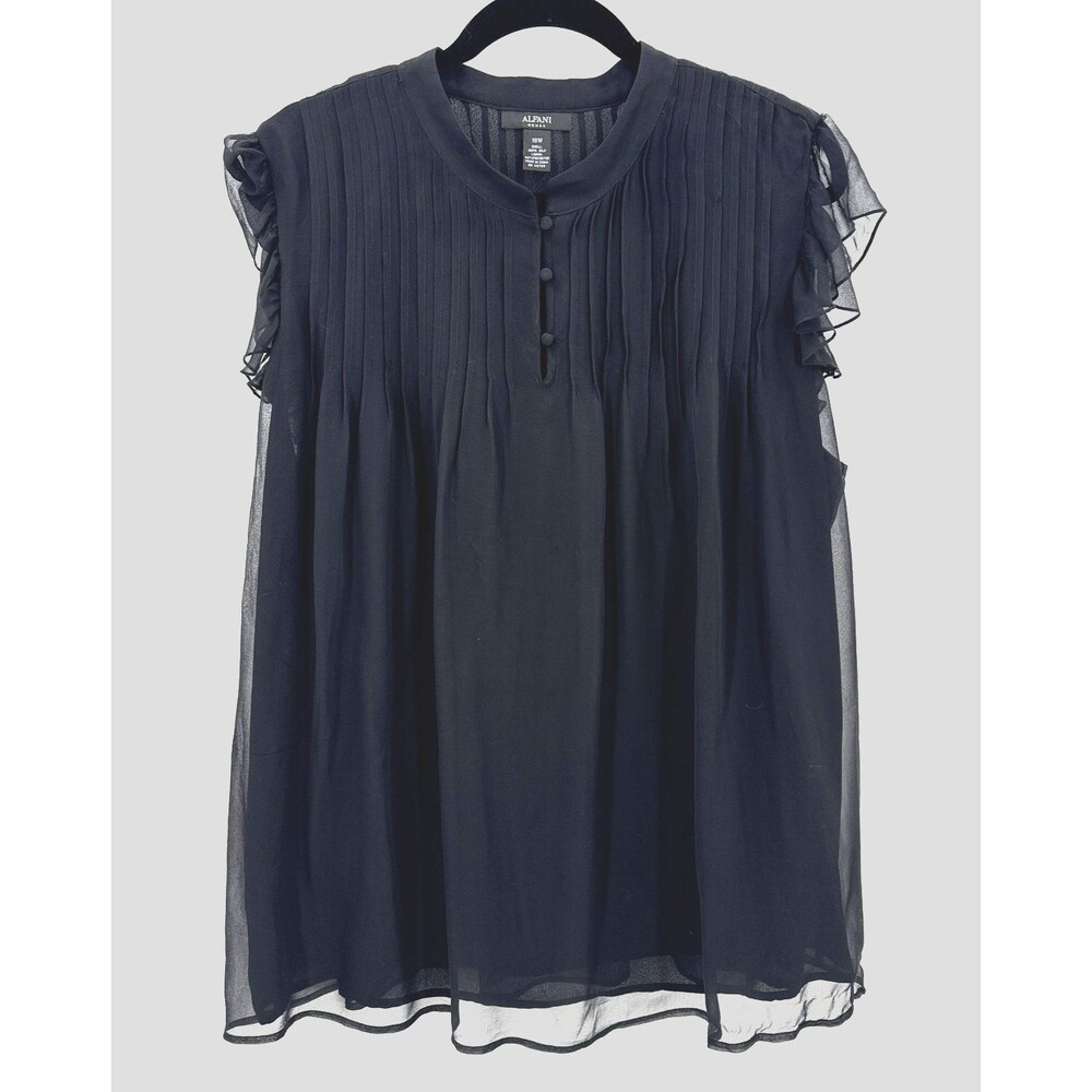 Alfani Woman Blouse 18W Black 100% Silk Pintuck Ruffle Flutter Sleeve Plus Tunic